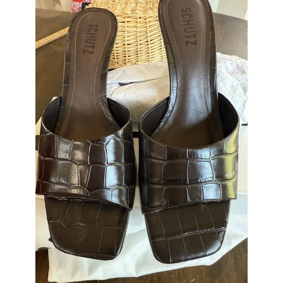 Schutz Dethalia Wide Croco Heeled Mules Dark Brown Size 9B New w/ Box - Picture 2 of 8
